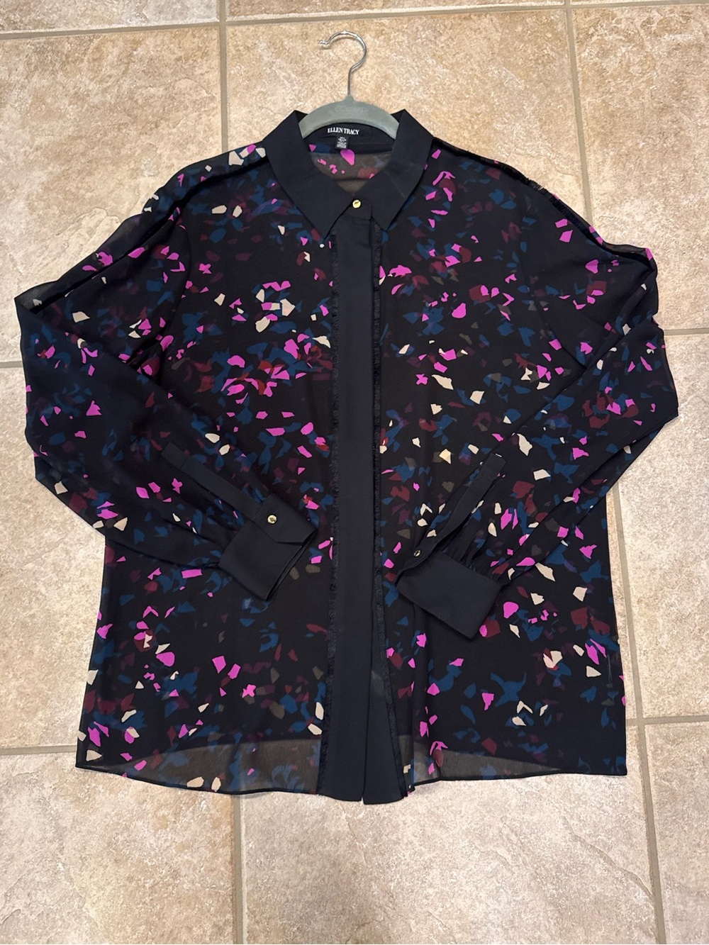 Ellen Tracy Black Sheer Button-Down Blouse with Pink & Blue Print
